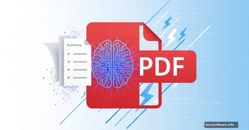 Adobe Acrobat PDF logo with AI brain overlay and document summarization visual