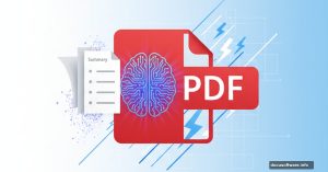 Adobe Acrobat PDF logo with AI brain overlay and document summarization visual