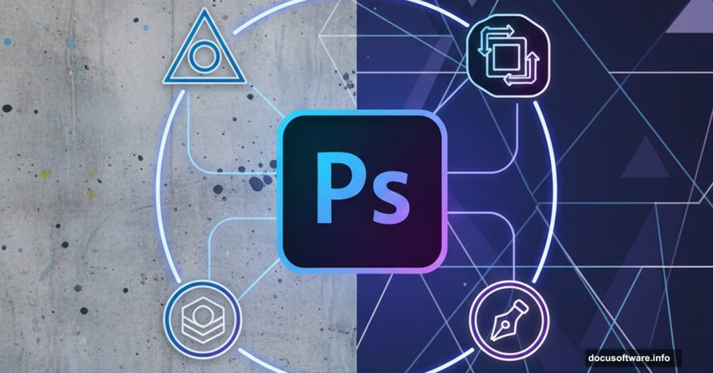 Adobe Photoshop logo surrounded by mixed-media design technique symbols