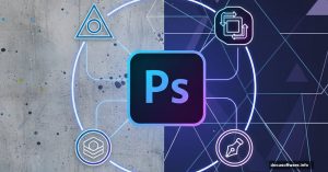 Adobe Photoshop logo surrounded by mixed-media design technique symbols