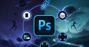 Photoshop logo surrounded by essential photo manipulation tools and techniques