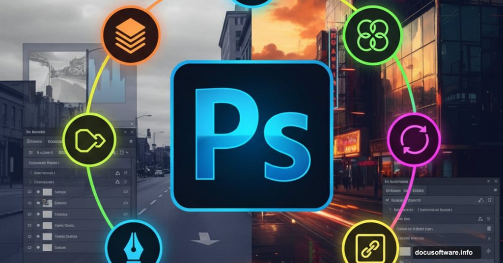 Adobe Photoshop logo surrounded by manipulation tools and before-after photo transformation