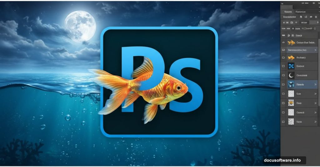 Adobe Photoshop logo with goldfish in split underwater scene composition
