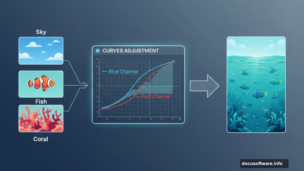 Curves Adjustment layer unifies disparate elements with oceanic color grading