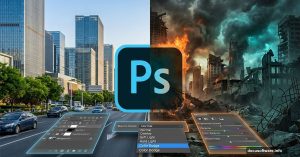 Photoshop logo with before-after apocalyptic photo composite transformation effect