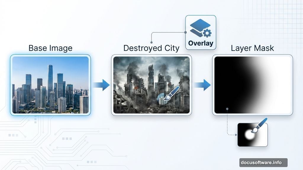 Layer masking controls blending between base and destroyed city layers