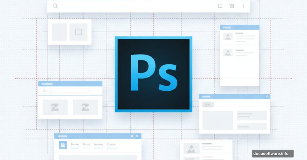 Adobe Photoshop logo surrounded by web layout grids and design elements