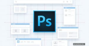 Adobe Photoshop logo surrounded by web layout grids and design elements