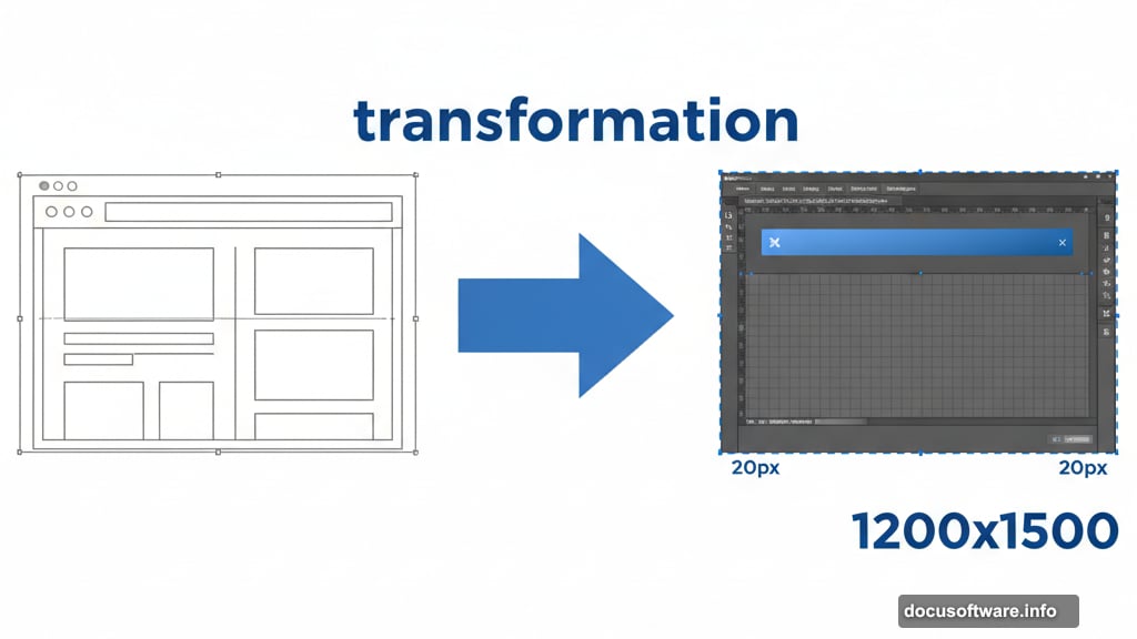 Wireframe mockup transforms into structured Photoshop web layout canvas