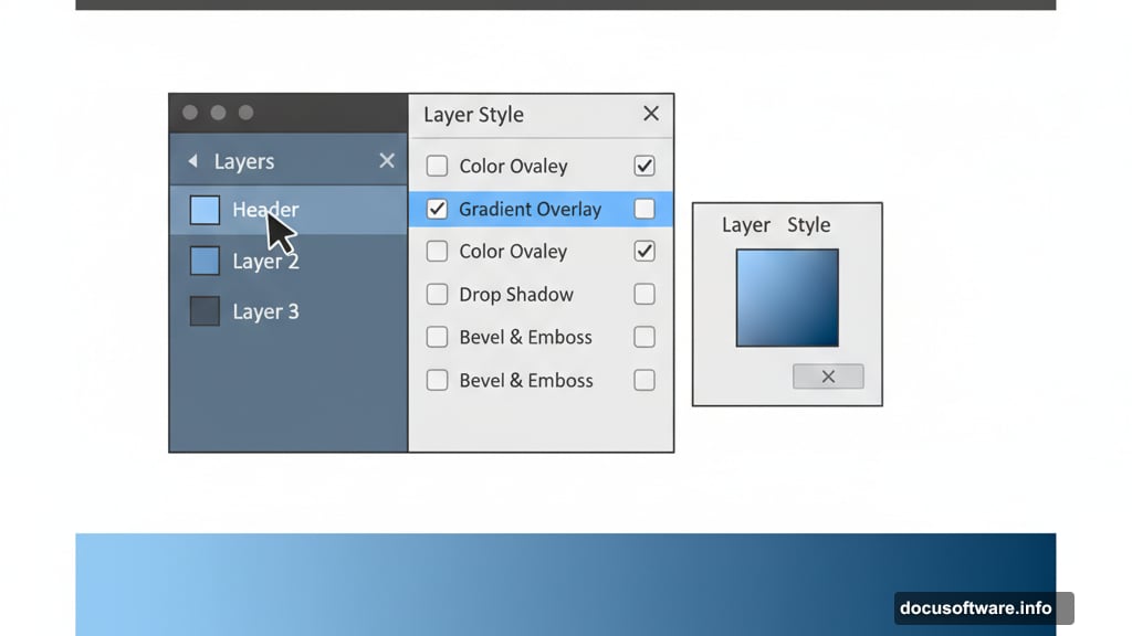 Layer Styles add gradient depth and highlight lines to headers