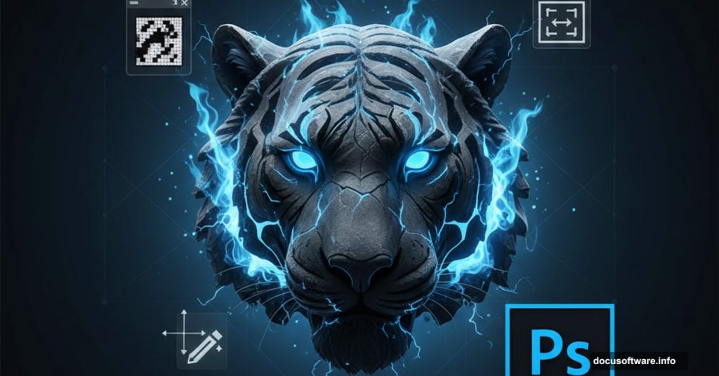 Stone tiger with blue flames and Photoshop tools composite tutorial