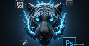 Stone tiger with blue flames and Photoshop tools composite tutorial