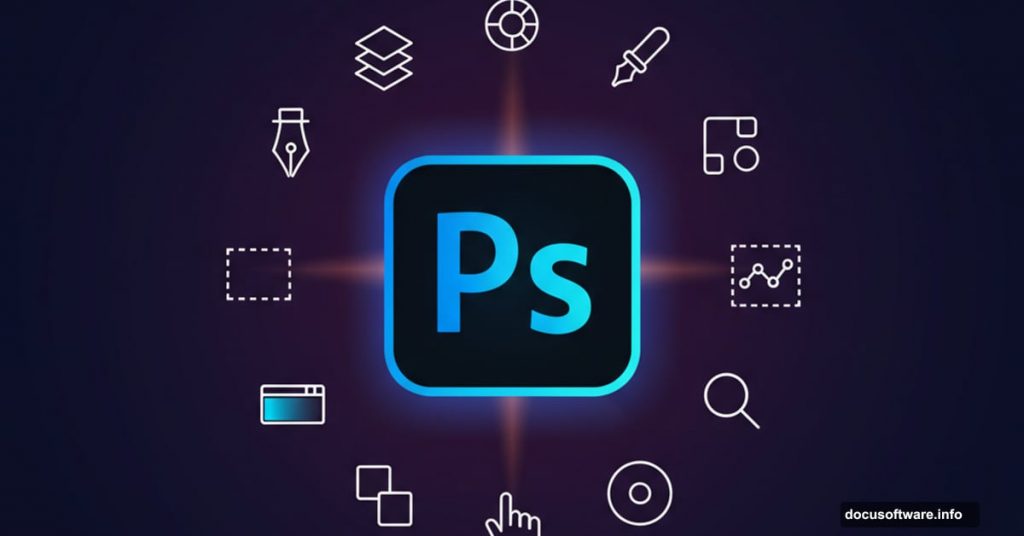 Adobe Photoshop logo surrounded by essential design tool icons