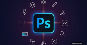 Adobe Photoshop logo surrounded by essential design tool icons