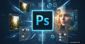 Adobe Photoshop logo with photo manipulation layers and composite images