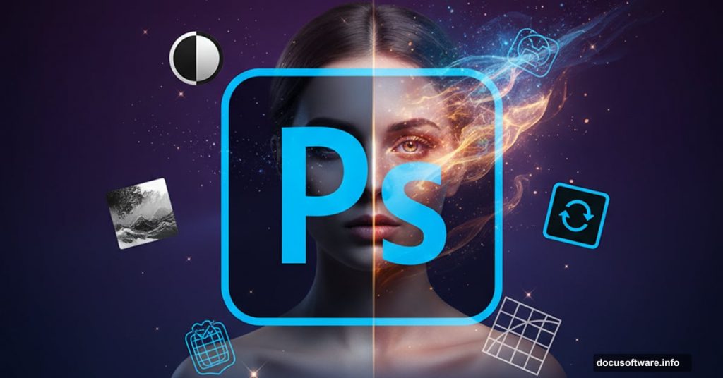 Adobe Photoshop logo with portrait transformation from ordinary to mystical