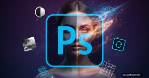 Adobe Photoshop logo with portrait transformation from ordinary to mystical