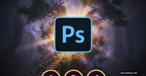 Adobe Photoshop logo with mystical forest scene and five tutorial steps