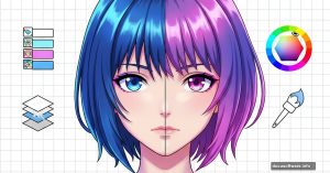 Anime character face showing digital painting process in Photoshop layers