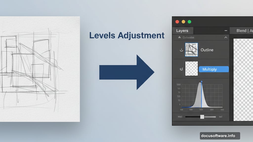 Clean outline preparation using Levels adjustment and Multiply blending mode