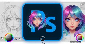 Photoshop logo with anime character transforming from sketch to digital art