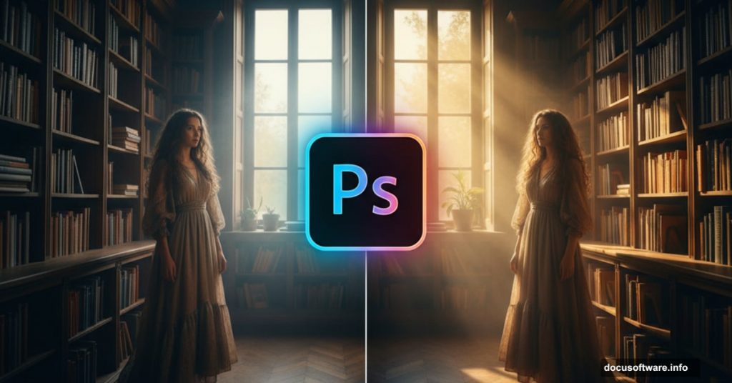 Before and after comparison showing dramatic lighting transformation in fantasy photo composite