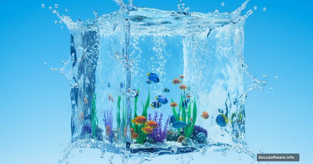 Transparent water cube floating in sky with fish inside