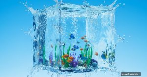 Transparent water cube floating in sky with fish inside