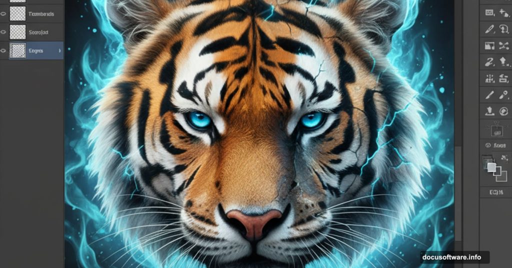 Tiger head transforming into stone texture with blue flames Photoshop composite