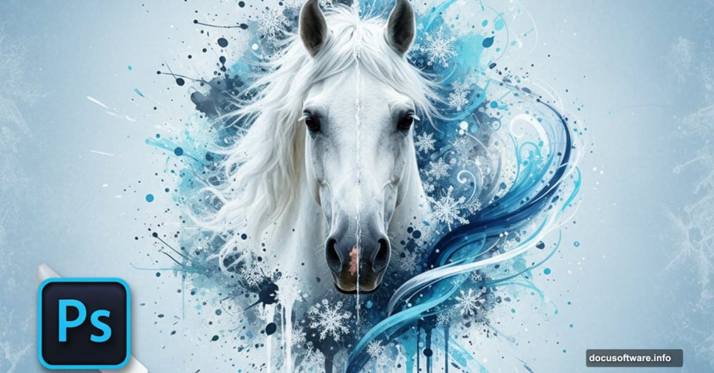 Horse photo transforming into artistic winter illustration with ink splatters