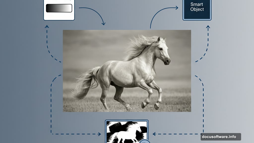 Apply gradient map and shadow adjustments to horse photo base