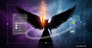 Dark Valkyrie warrior silhouette surrounded by Photoshop interface compositing tools