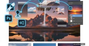 Photoshop landscape manipulation showing layered photos being composited together