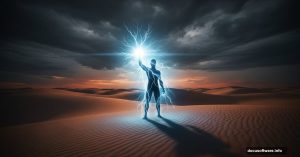 Silhouette figure wielding supernatural light effects in dramatic desert landscape