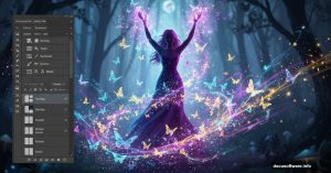Sorceress with magical butterfly energy surrounded by Photoshop interface elements