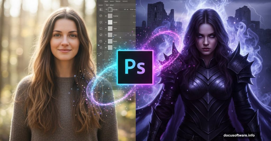 Before and after portrait transformation into gothic warrior using Photoshop