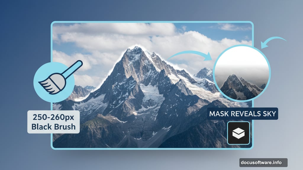 Layer mask with soft black brush creates seamless mountain transitions