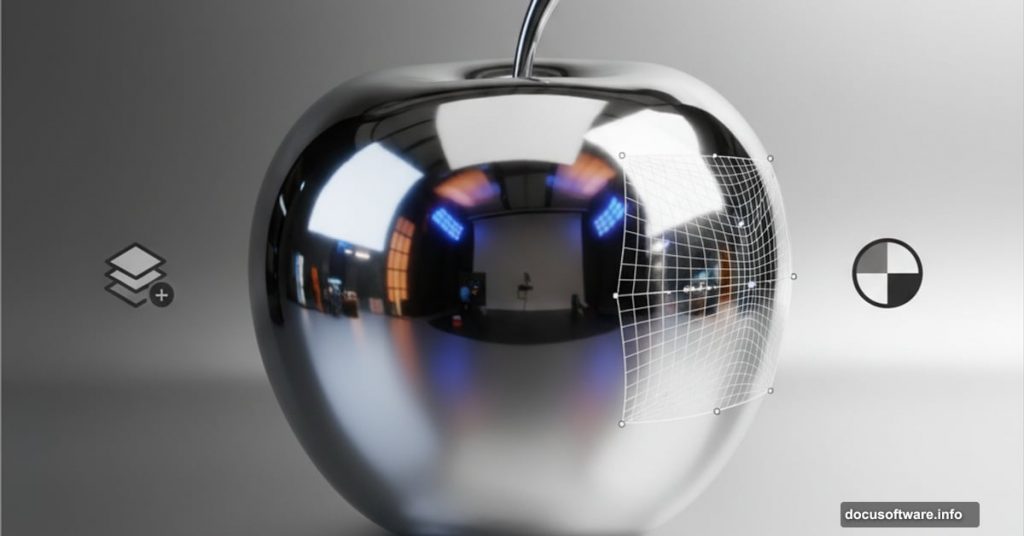 Chrome metallic apple with Photoshop editing tools showing metal effect creation