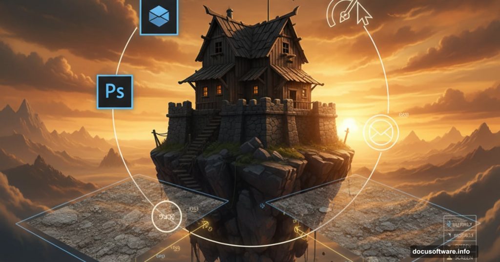 Fantasy pirate house on rocky peak with Photoshop tools overlay