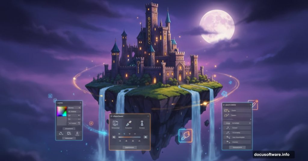 Magical floating island with castle in twilight sky surrounded by Photoshop editing layers