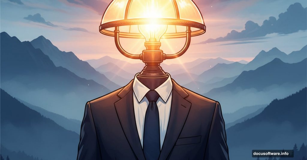Surreal portrait showing man with glowing lamp head against dreamy landscape
