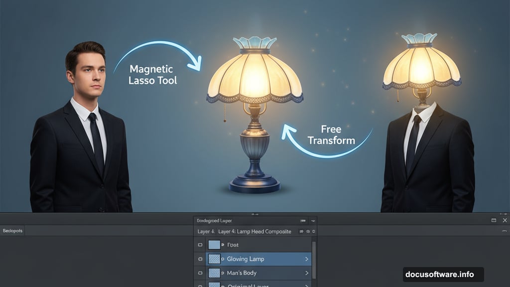 Photo manipulation technique creating surreal lamp-head portrait in Photoshop