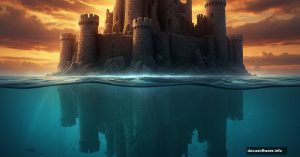 Fantasy castle half-submerged underwater with dramatic split water surface view