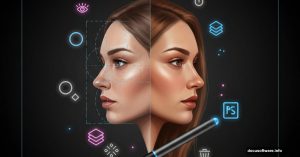 Split portrait showing Photoshop painting progression from sketch to realistic finish