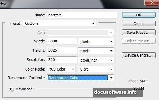 Document setup with resolution 300 DPI and black background canvas