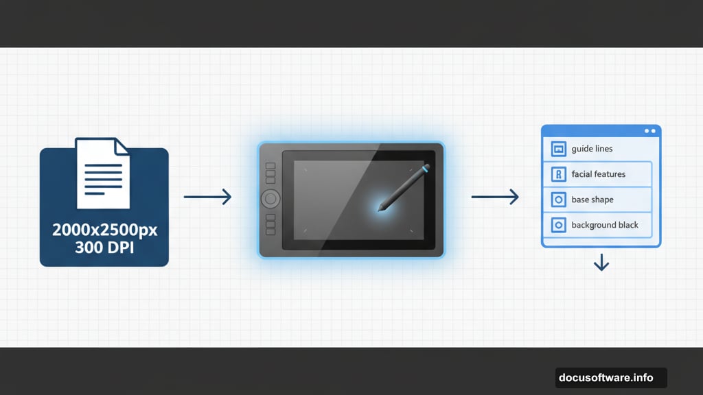 Photoshop portrait setup with graphics tablet and layer management structure