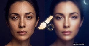 Portrait split showing before and after Photoshop skin retouching technique