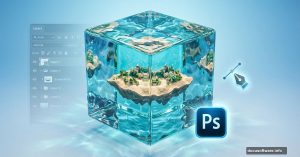 Transparent water cube with floating island and Photoshop logo
