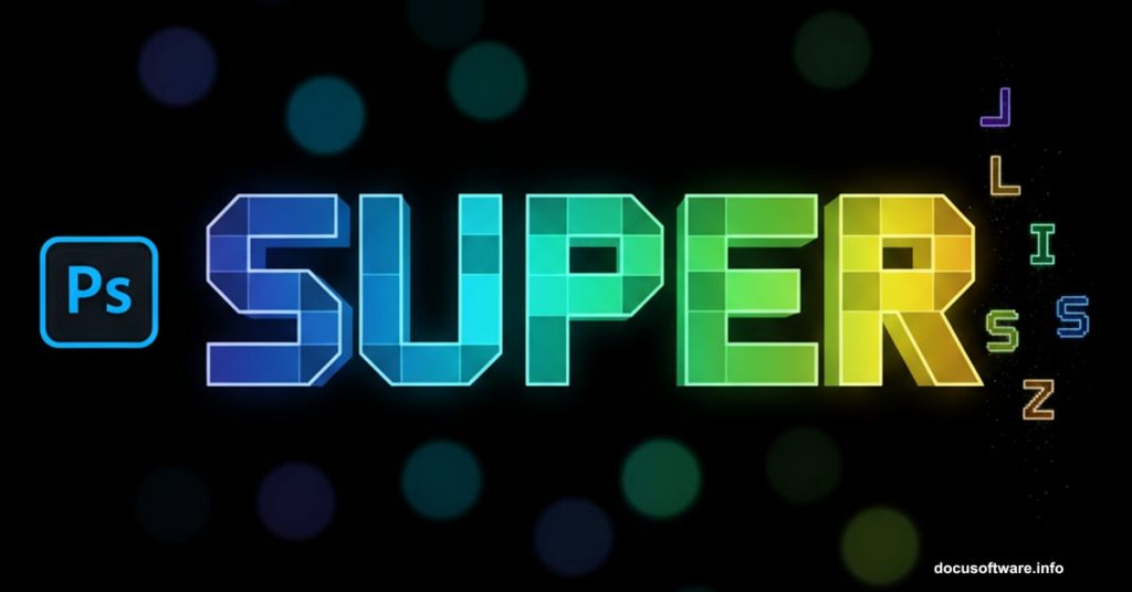Vibrant Tetris-style typography with Photoshop logo and game blocks