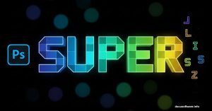 Vibrant Tetris-style typography with Photoshop logo and game blocks